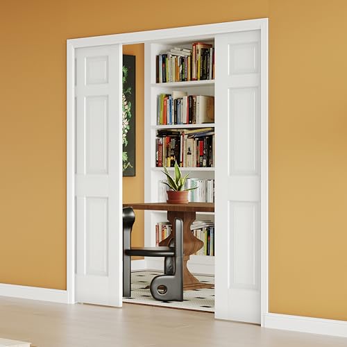 Image of 64 inch x 80 inch Sliding Pocket Interior Door, 6-Panel Hollow Core Pantry Door with Frame and Hardware Kit, Lightweight Closet Door, Waterproof PVC Surface, Easy to Install