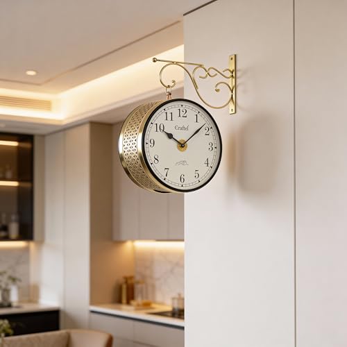 Image of CRAFTEL Double Sided Station Wall Clock Multi-Layer Electroplated | Aluminum Matte-Finish Dial Metal Body | Dial - 10 Inches, Shiny Gold | 365 Days Warranty