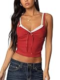 NODHUT Women's Lace Bow Ribbed Spaghetti Strap Tank Top Cute Fitted Crop V Neck Going Out Camisole Tops Red M