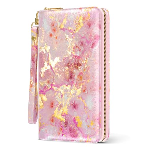 Image of Nipichsha Womens Wallet, RFID Wristlet Wallet for Women, Cute Ladies Purse, Large Card Clutch Purse with Phone Holder, Gold Pink Marble, 7.68 x 4.13 x 0.98 inch
