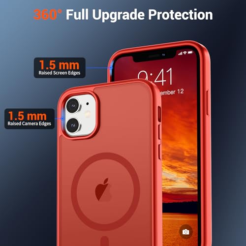 Image of SUPFINE Magnetic for iPhone 11 Phone Case (Compatible with MagSafe) (Military Grade Drop Protection) Slim Translucent Matte Shockproof Phone Cover,Red