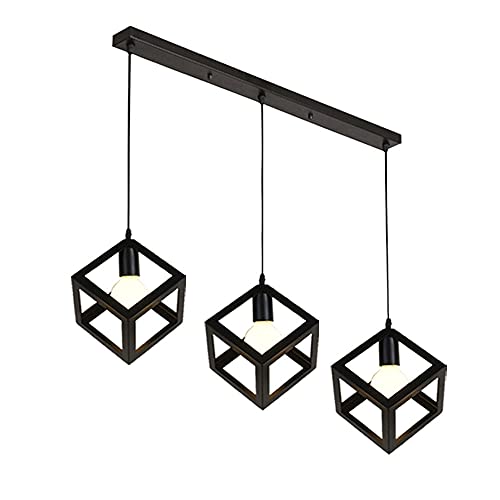 TTKDD Lámpara colgante industrial de 3 cabezales, lámpara de araña cuadrada enjaulada vintage E27, iluminación ajustable de granja, línea ajustable para cocina, isla, comedor, sala de estar