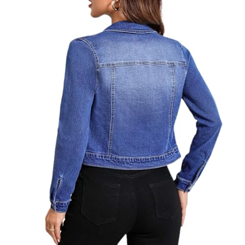 Women Trendy Jean Jacket Stretchy Cropped Denim Jacket Long Sleeve Button Down Denim Coat3