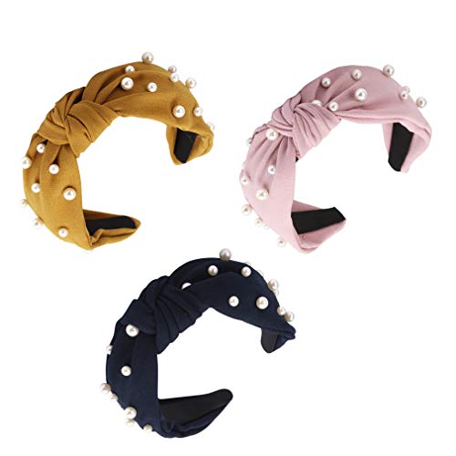 3 Pcs Pearl Headbands for Women, AOPRIE Headbands for Women Fashion Hair Bands for Women's Hair Pearl Headband Knotted Headbands for Women Retro Hairbands for Women (black+yellow+pink)
