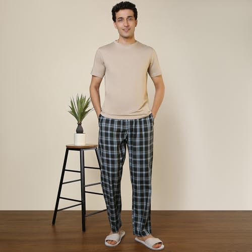 Image of SleepZ by Raymond Men Flat Front Regular Fit Checks Pattern Pure Cotton Pyjama