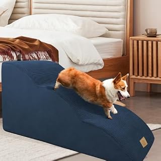 MIDOUAUTOUK Gentle Slope Pet Stairs for Small Dogs, 3-Step Dog Foam Steps for High Bed Sofa, Non-Slip Pet Ramp Ladder with Removable Washable Cover, Send Lint Roller Set, Blue