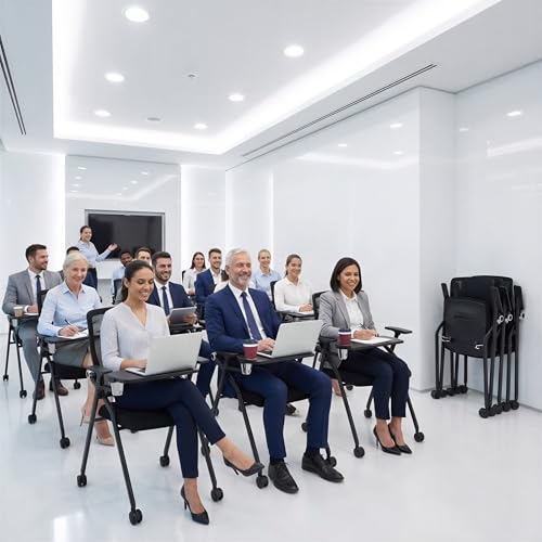 Image of Updated Conference Room Chairs with Tablet Arm, Folding Office Desk Chair with Lumbar Support and Sliding Armrest with Casters, Stackable Office Guest Chairs & Reception Chairs, 10 Pack Black