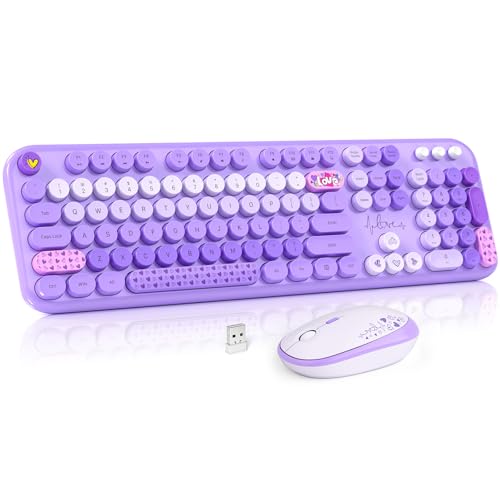 Image of Wireless Keyboard and Mouse Combo, MOWUX Full Size Typewriter Retro Round Computer Keyboard, Cute Optical Mouse Wireless, Plug and Play, for Laptop, PC, Computer- Purple Heart