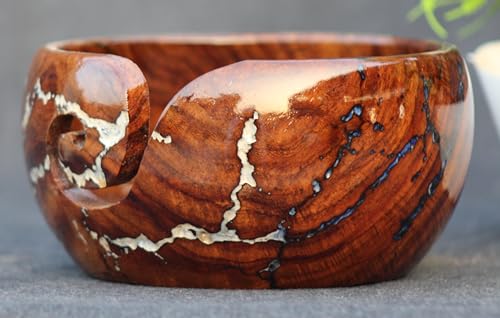 Image of Handmade Wooden Yarn Bowl, Lichtenberg Figure /Wooden Large Yarn Bowl for Knitting, Yarn Bowl with Crochet Hook with Free Crochet Hook (Medium)