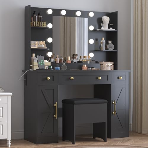 BORNOON Vanity Desk with Mirror & Lights, Makeup Vanity Table with Charging Station, 3 Lighting Modes, Large Storage Space with Drawers and Shelves, Elegant White Vanity Set for Bedroom Dressing Room
