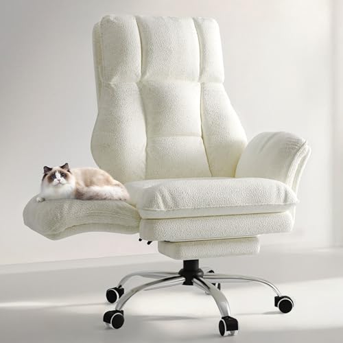HOMRELEXA Bürostuhl Chefsessel Ergonomisch, Gaming Stuhl mit Fußstütze & 135° Verstellbarer Rückenlehne, Drehstuhl mit klappbaren Armlehnen, Hochlehner aus Teddy-Fleece Stoff – Beige