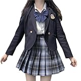 [cnstone] 女子高生 制服 学生服 セーラー服 JK制服 女子 高校 5点セット リボン ブレザー スカート チェック セット スクール ファッション レディース お揃い 卒業式スーツ ハロウィン コスプレ (XS, ネイビー)
