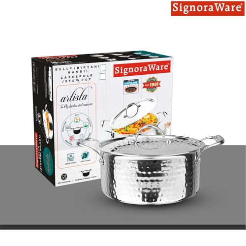 Image of Signoraware Artista Tri Ply Stainless Steel Hammered Stewpot 24cm with Lid | Induction & Gas Compatible | Durable | Perfect for Boiling Vegetables or Pasta | Ideal for Cooking Soups & Stews (Steel)