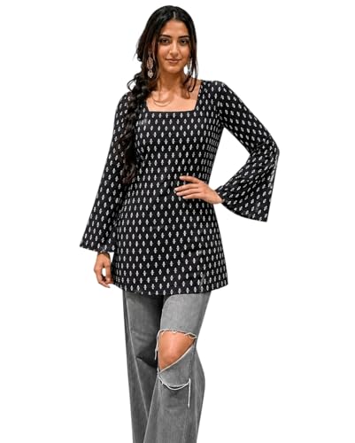 Image of SONISHA Women's Rayon Floral Print Short Kurti for Women Elegance Square Neck, Long Sleeves with Style Criss Cross Back Kurti, Top for Office Wear, Casual, Outdoor