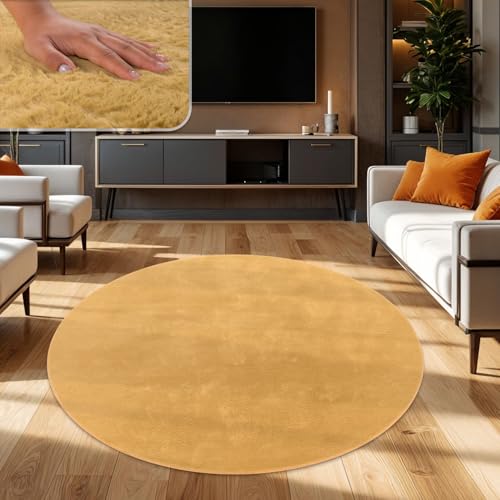TT Home Shaggy Tapis Haut Poil Peluche Unis Modern, Couleur:Jaune, Dimension:120 cm Rond