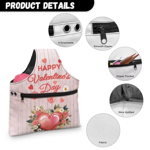 Image of KUIFORTI Heart Romantic Yarn Bag Crochet Tote Bag Wood Print Yarn Storage Organizer Travel Wrist Tote for Crocheting Lightweight for Knitting Accessories