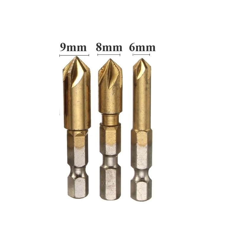 3PCS 5 Flute Chamfer Countersink 1/4" Hex Shank HSS Wood Chamfering Cutter Chamfer 12/16/19mm Countersink Drill Bit DIOBFZFY