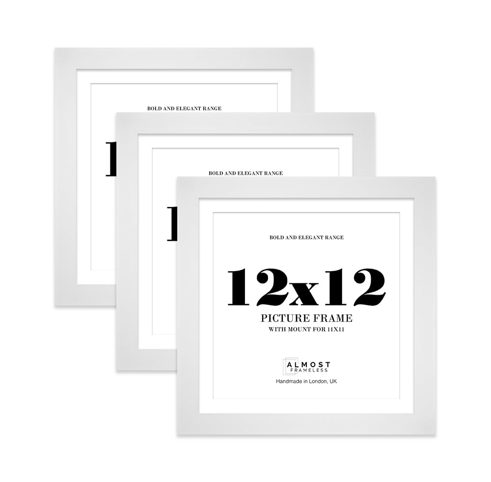 12x12" White Square Frame With Mount for 11x11" Pictures 28mm Edge Frame Display with Wall Hooks and Kickstand, 3 Pack
