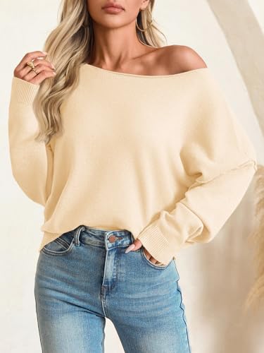 Image of Saodimallsu Womens Off The Shoulder Sweater Boat Neck Batwing Sleeve Knit Pullover 2025 Cute Casual Trendy Jumper Tops