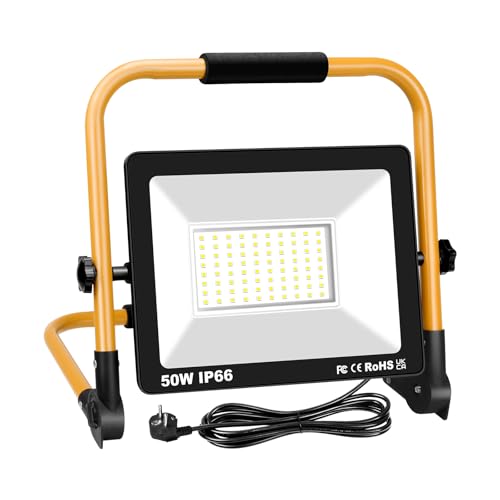 RIGIDON 50W Foco de Trabajo LED, 5000LM Foco LED Portátil con Soporte plegable, IP66 Impermeable Luz de Trabajo para Interiores y Exteriores para Obra Taller Garaje, 6000K Blanca
