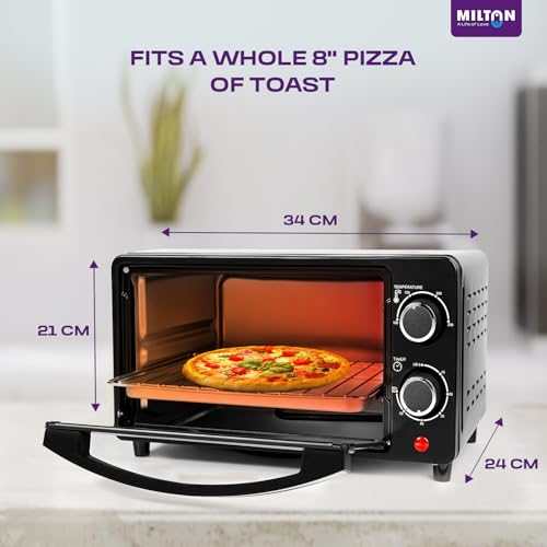 Image of Milton 10L OTG Oven Toaster Griller for Kitchen | 800W | Royal Black Finish | Auto Shut-Off | 250C Thermostat | Timer, Bell & Tempered Glass | Easy to Clean | Includes Grill Rack & Baking Tray