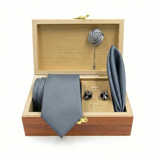 Image of Men's Necktie Gift Set with Wooden Box | Premium Tie, Pocket Square, Cufflinks & Lapel Pin | Elegant Formal Accessories Gift for Men