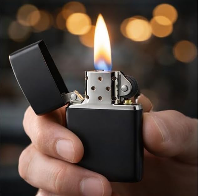 This refillable Pocket Lighter is Crafted with a Durable Metal Body and Designed for Reliable Ignition Even in Windy Conditions. Operating on Oil Fuel (Glossy Black)