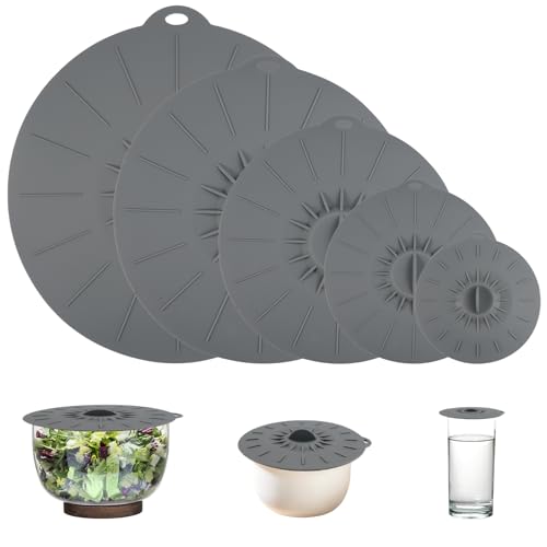 5PCS Tapas Silicona Reutilizable Sin BPA Tapas de Silicona Efecto de Succión Impermeable y Resistente al Calor Buena Estanqueidad al Aire, para Cuencos, Ollas, Platos, Tazas, Horno, Frigorífico (Gris) 5PCS Tapas Silicona Reutilizable Sin BPA Tapas de Silicona Efecto de Succión Impermeable y Resistente al Calor Buena Estanqueidad al Aire, para Cuencos, Ollas, Platos, Tazas, Horno, Frigorífico (Gris)