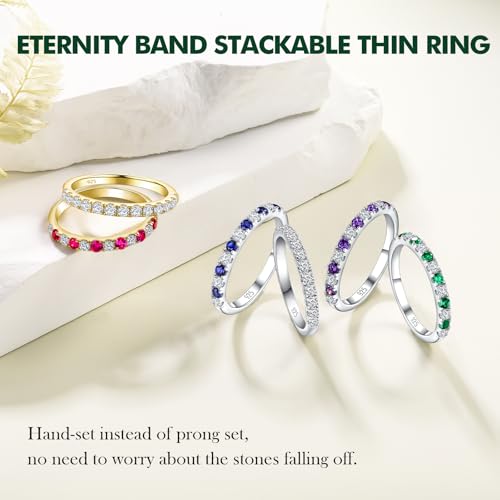 Birthstone Rings Eternity Band 925 Sterling Silver/Yellow Gold Created Gemstone Stackable Wedding Band Half Eternity Rings for Women Size 6 to 104