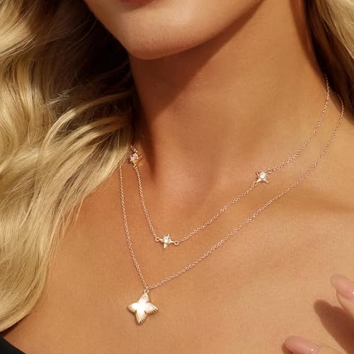 Cicy Bell Womens Four Point Star Necklace Sets Double Layer Chain 18k Gold Plated Cubic Zirconia Mother of Pearl Lucky Pendant Necklace4