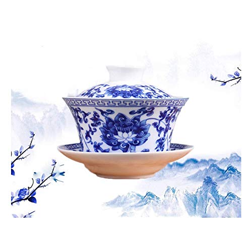 Jingdezhen Lotus Design Chinese Gaiwan Traditional Chinese Teaware China Traditional Blue and White Porcelain Large Gaiwan Kungfu Teacup by DELIFUR 350 ml