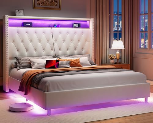 Jocisland King Size Bed Frame 53.6'' Tall Headboard LED Lights and Charging Station, Velvet Hign Upholstered Platform Bed Wingback Storage, No Box Spring Needed, Motion Activated Light, Cream
