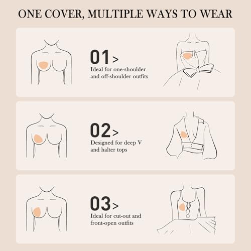 Image of Nipple Covers for Women 4 Pairs Sticky Silicone Reusable Pasties No Show | 50x Reusable Bra, Hypoallergenic, All-Day Comfort. Discreet Skin-Tone Coverage for Tight Clothes, Swimsuits & Activewear