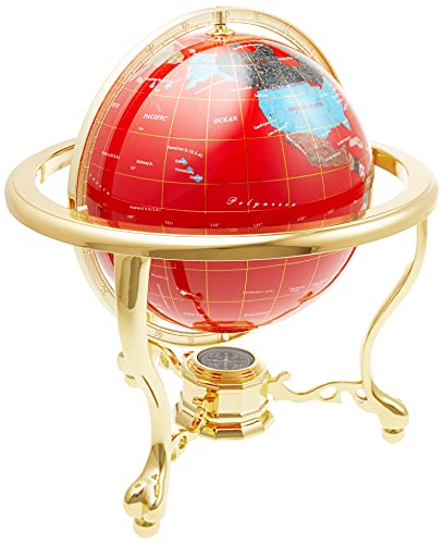 Unique Art 13-Inch Tall Table Top Red Ocean Gemstone World Globe with Gold Tripod Stand