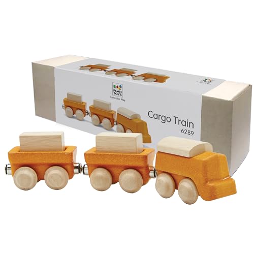 Image of PlanToys Cargo Train Wooden Montessori Vehicle Toy | Early Movement, Imagination and Practical Life Exploration | Eco Friendly Train Set with Cargo Blocks for Meaningful Play
