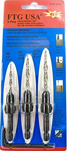 Image of FTG USA 3 Pc Wood Countersink Drill Bit Set #6#8#10 with Hex Key | Includes sizes #6, #8, and #10 tapered bits. Comes with 1 Allen wrench hex key tool for quick adjustments