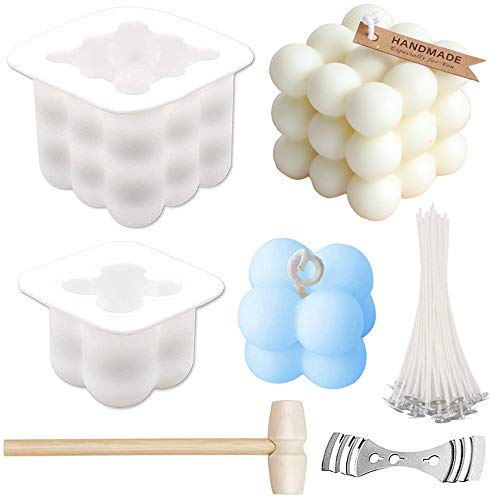 DIY Candle Silicone Molds Set with Malletï¼Œ3D Soy Handmade Candles Molds Kit with 100 Candle Wicks and 1pcs Wick Centering Device for DIY Crafts Making Handicrafts Candle Decorations