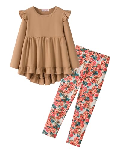 Image of Yekaty Girls Clothes Ruffle Shoulder High Low Hem Long Sleeve Top and Floral Pants 2 Piece Fall Outfits Clothing Set