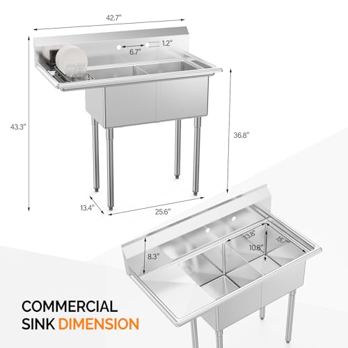 image for ROVSUN NSF Commercial Sink, Stainless Steel with 2 Compartment and Lef