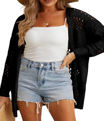 Image of Plus Size Womens Crochet Cardigans Sweater Boho Long Sleeve Lightweight Oversized Open Front Loose Fit Knitted Tops