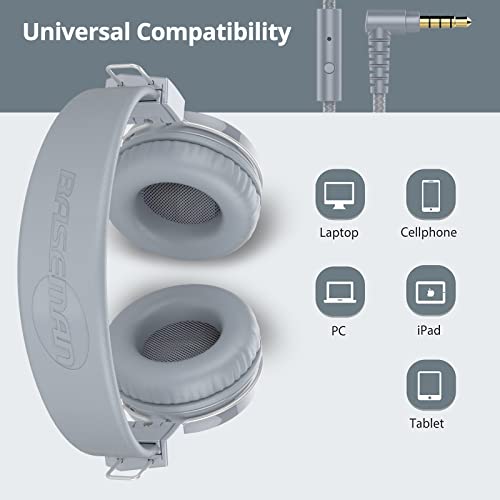 Baseman Wired Headphones With Microphone - Foldable Wired On-Ear Headphones For Laptops Computer Cellphone Tablet, Stereo Bass Headsets With 3.5Mm Jack No-Tangle Cord For Boys Girls Women Men - Grey #TOP3