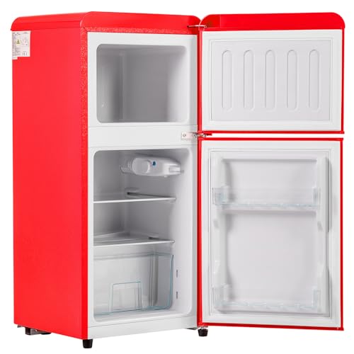 Mini refrigerador con congelador retro de 2 puertas con congelador para dormitorio, 60 L. Termostato ajustable. Mini refrigerador compacto retro para dormitorio, apartamento,Red