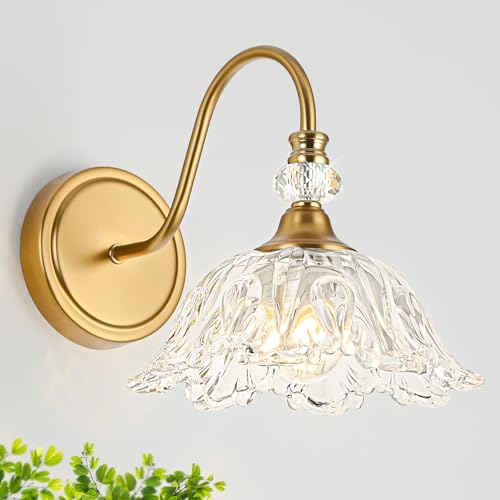Image of 1 Piece Vintage Wall Sconce with Floral Clear Glass Shade, Matte Brass Finish Wall Mount Lighting for Bathroom,Vintage Bathroom Vanity Light Fixtures