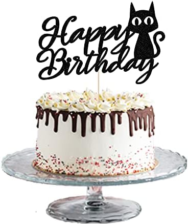 Black Glitter Cat Happy Birthday Cake Topper Pet Themed Kitty Happy Birthday Party Cake Ornament