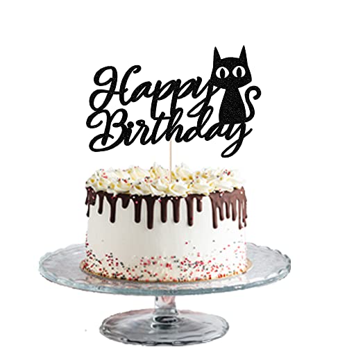Black Glitter Cat Happy Birthday Cake Topper Pet Themed Kitty Happy Birthday Party Cake Ornament #TOP8