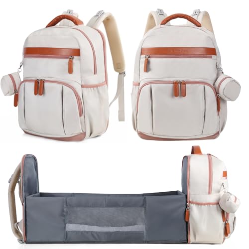 Image of Petino Pura Baby Diaper Bag Backpack with Changing Station, 28Liters Capacity Nylon Baby Registry Mom Bags, Travel Friendly Unisex Bag, Essential Bag with Insulated Pockets, Beige