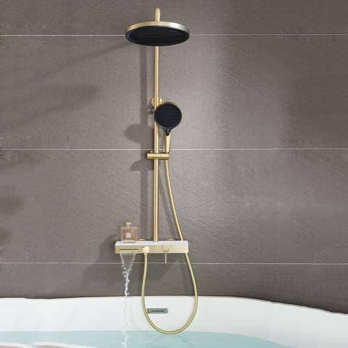 BiaoTeng Columna de Ducha Redonda con Grifo Cascada 3 Modos, agua Fría y Caliente en Laton Columna de Ducha Moderna Pared Oro Cepillado