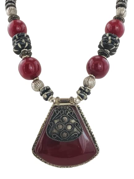 THE OPAL FACTORY Antique Silver Oxidised Tribal Tibetan Bohemian Jewellery Tibetan Stone Necklace for Women and Girls (Black White Tribal beads with Mint stone) (White) (Red) (B0BD8Y32KX) Amazon Price History, Amazon Price Tracker