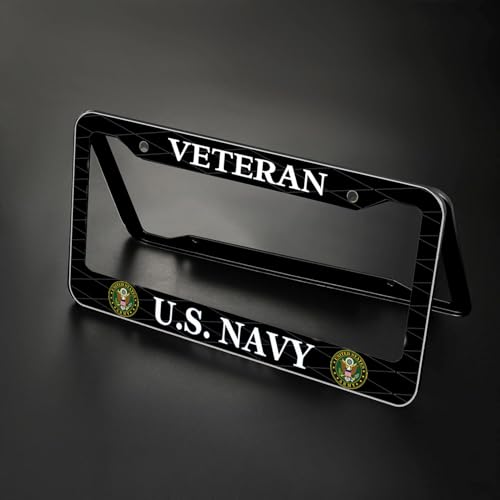 Image of 2PCS License Plate Frames for Veteran U.S.Navy,Car License Plate Bracket Holder, Premium Aluminum Alloy Weather Proof License Plate Covers with Screw Caps Cover Set Car Accessories