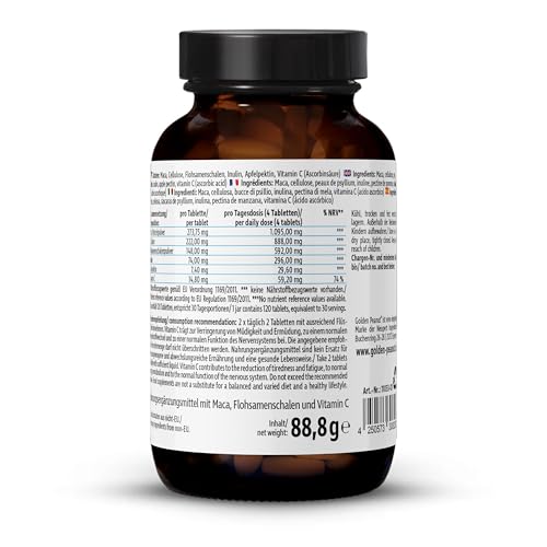GOLDEN PEANUT Flohsamenschalen Tabletten 120 Stück Ballastoff Mix mit Maca Pulver, Flohsamen, Inulin, Apfelpektin und Vitamin C, Energie Stoffwechsel Komplex Monatsvorrat